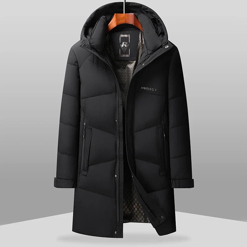 Herren Winter Steppmantel Lang mit Kapuze Schwarz