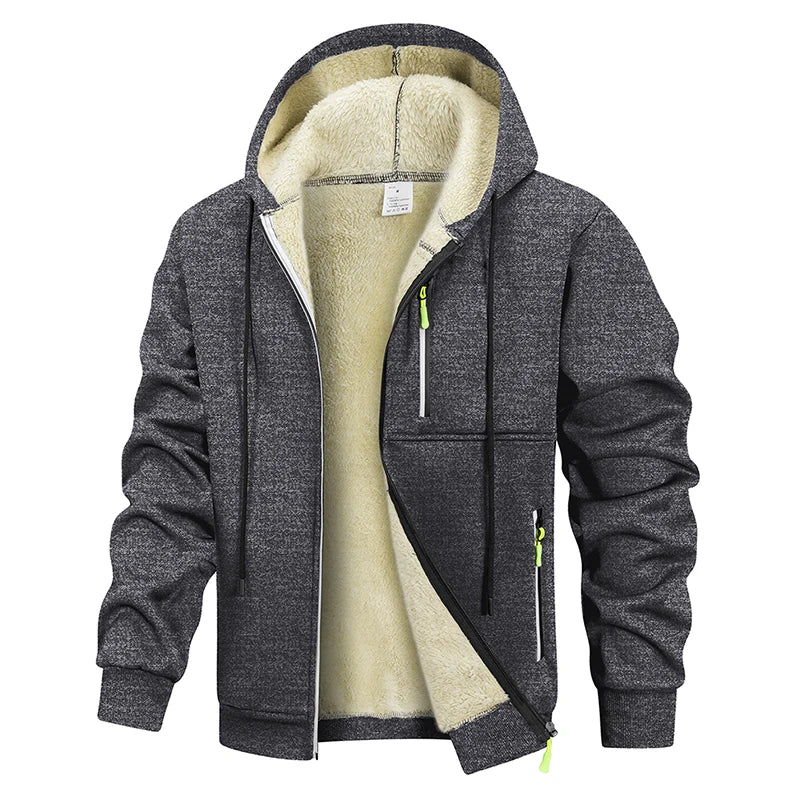 Herren Kapuzenjacke mit Reißverschluss, warmes Fleecefutter, Schwarz