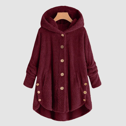 Damen Kuschelige Kapuzenjacke aus Fleece mit Holzknöpfen