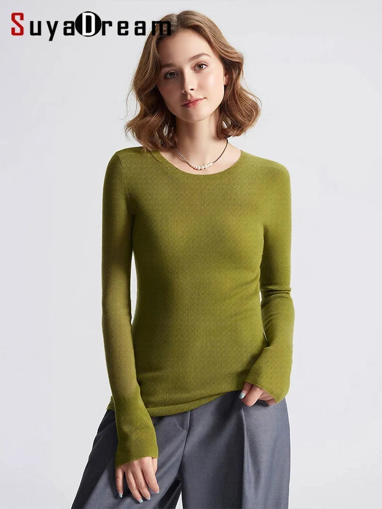 Damen Langarmshirt Rundhals Basic Slim Fit Pullover Gerippt