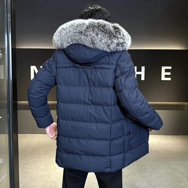 Herren Winterparka mit Kapuze und Kunstfellbesatz, Steppjacke in Marineblau, Schwarz, Grün