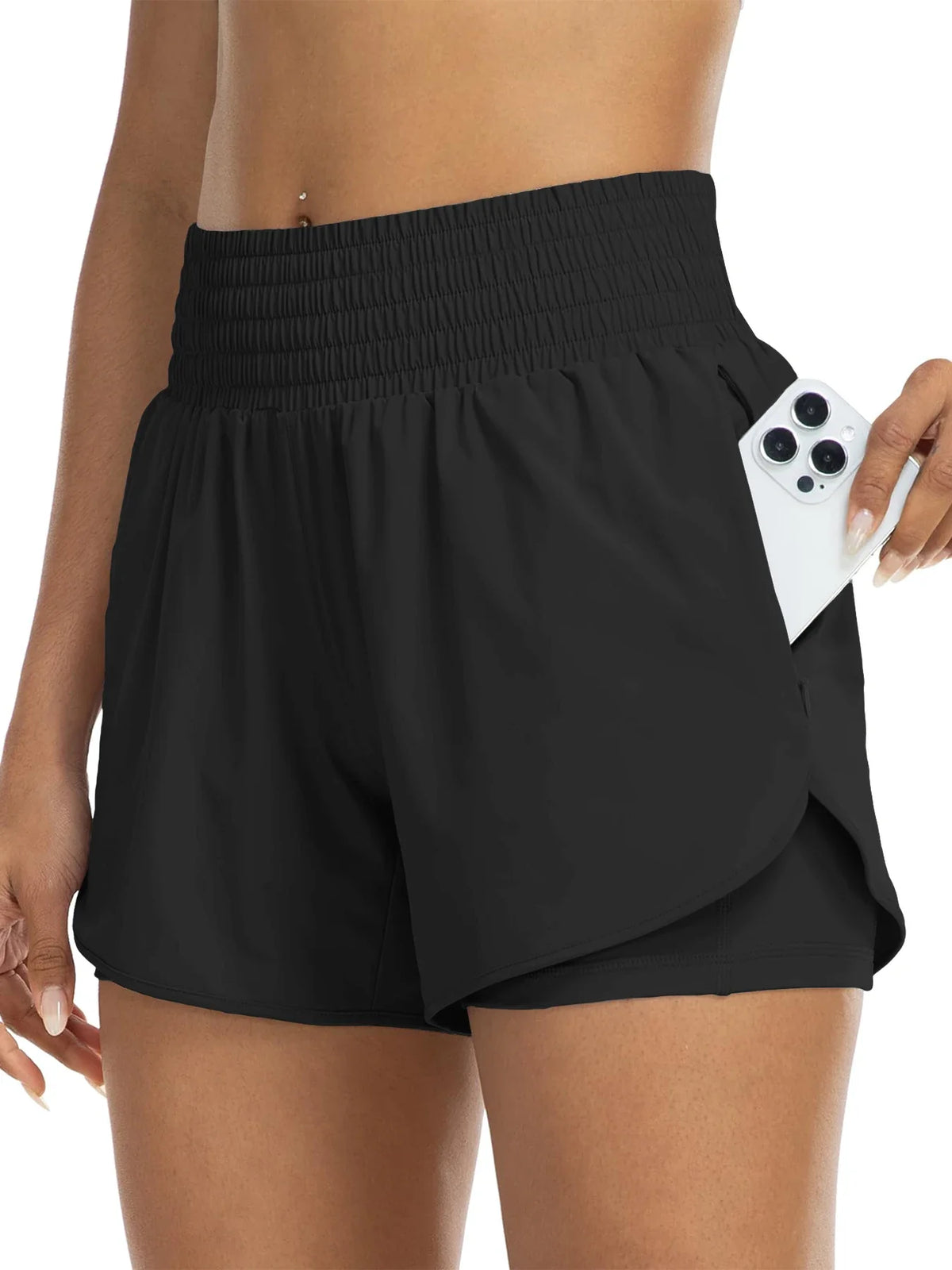 Damen Sportshorts mit hohem Bund und Tasche, 2-in-1-Design