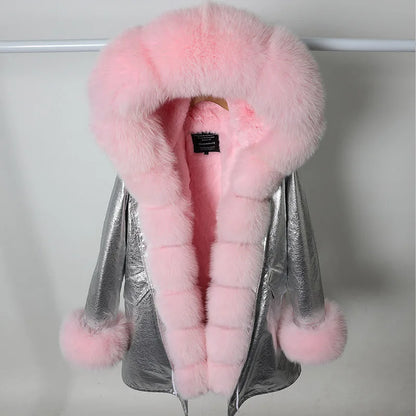 Damen Winterparka mit Kapuze & Pelzimitat-Futter in Rosa