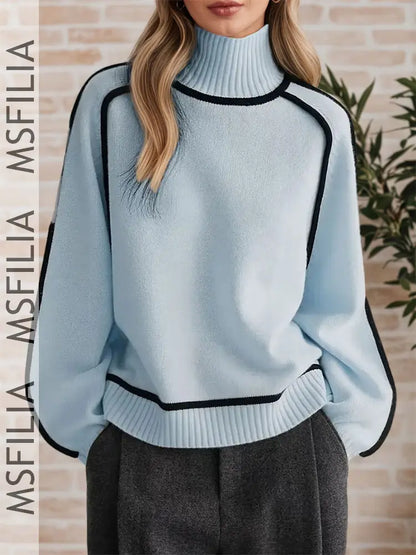 Damen Rollkragenpullover mit Kontrastbesatz