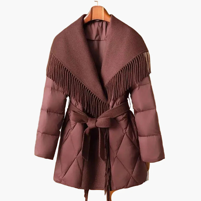 Damen Winter Steppmantel mit Veganer Wollkragen und Fransen – Modischer Koreanischer Stil, Elegant und Warm für Alltag und besondere Anlässe