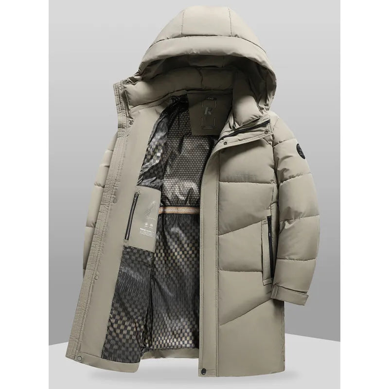 Herren Winter Steppmantel Lang mit Kapuze Schwarz