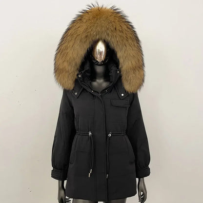 Damen Winter Parka mit Kapuze und Fellkragen Tunnelzug Weiß