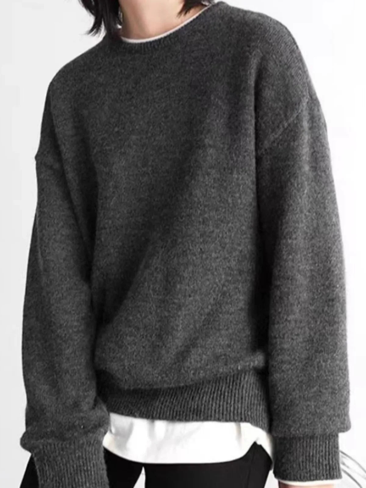 Damen Pullover Grau Rundhals Langarm Strick