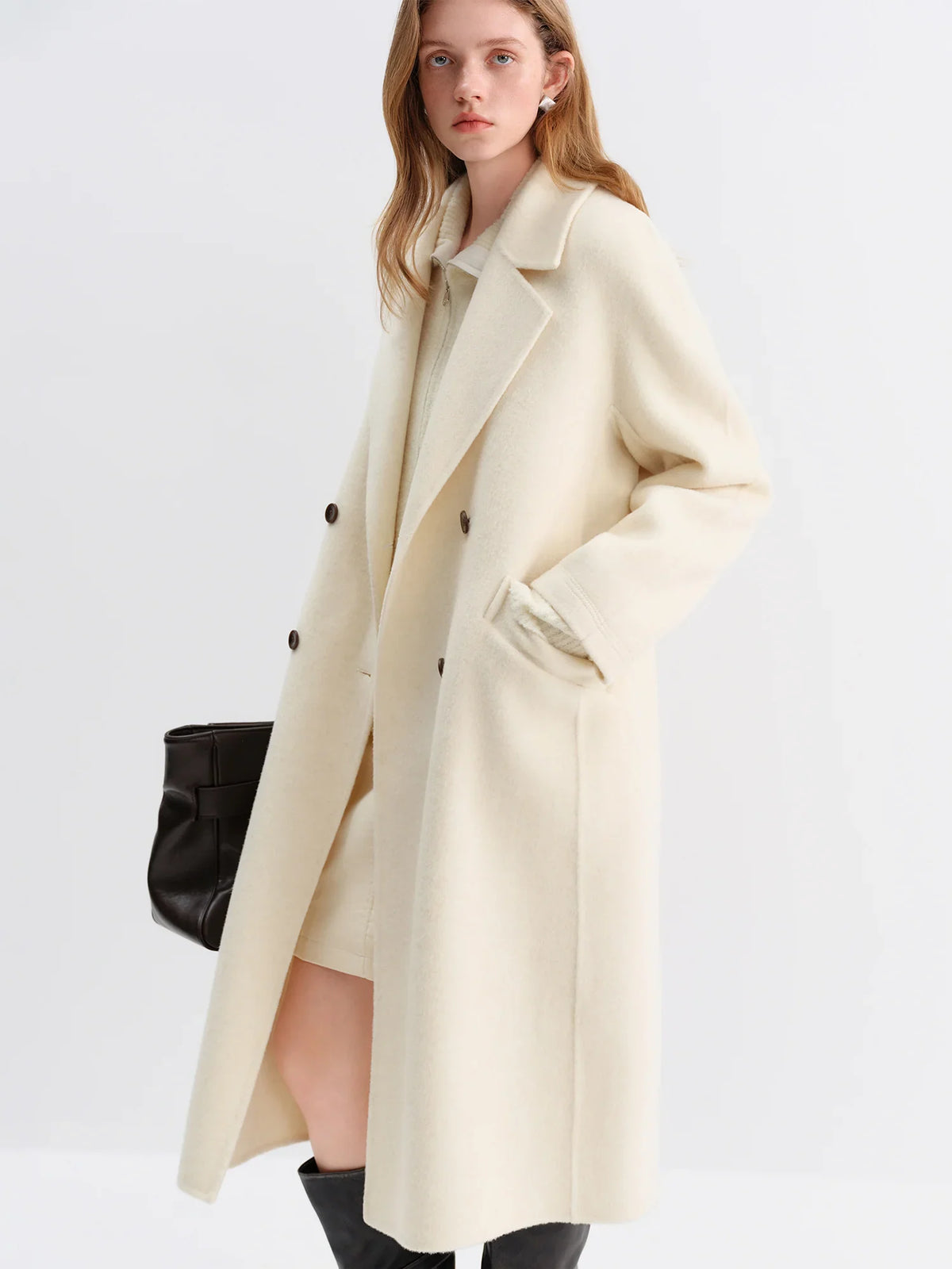 Damen Langer Mantel Zweireihig mit Reverskragen in Beige