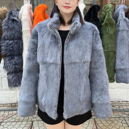 Damen Kurzmantel aus Kunstfell mit Stehkragen luxuriöse Winterjacke