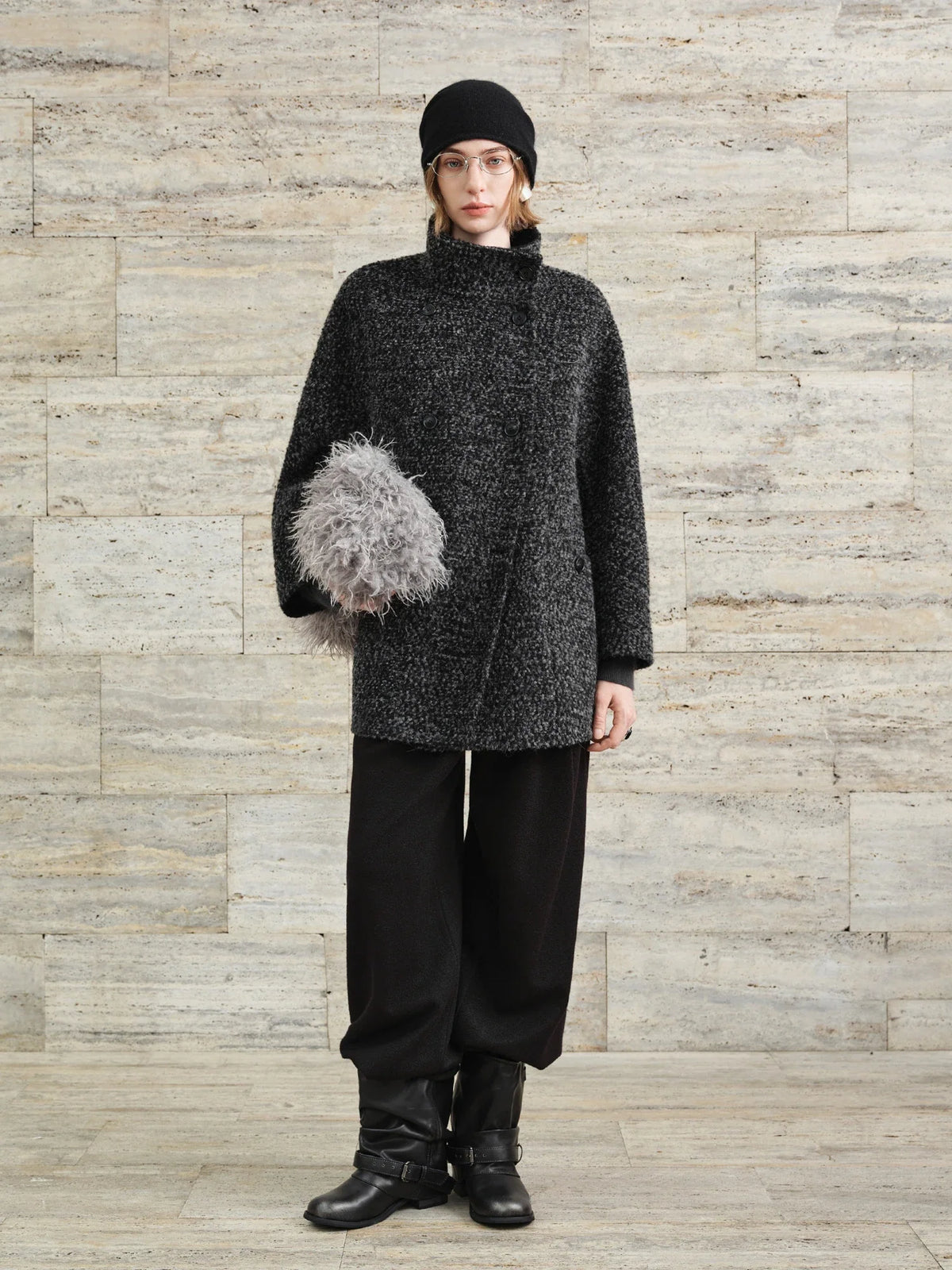 Kurzer Tweed-Mantel Damen Zweireihig Anthrazit