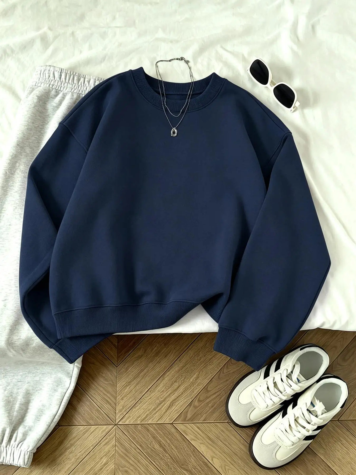 Unisex Basic Rundhals Sweatshirt Langarmshirt Rippbündchen Dunkelgrau