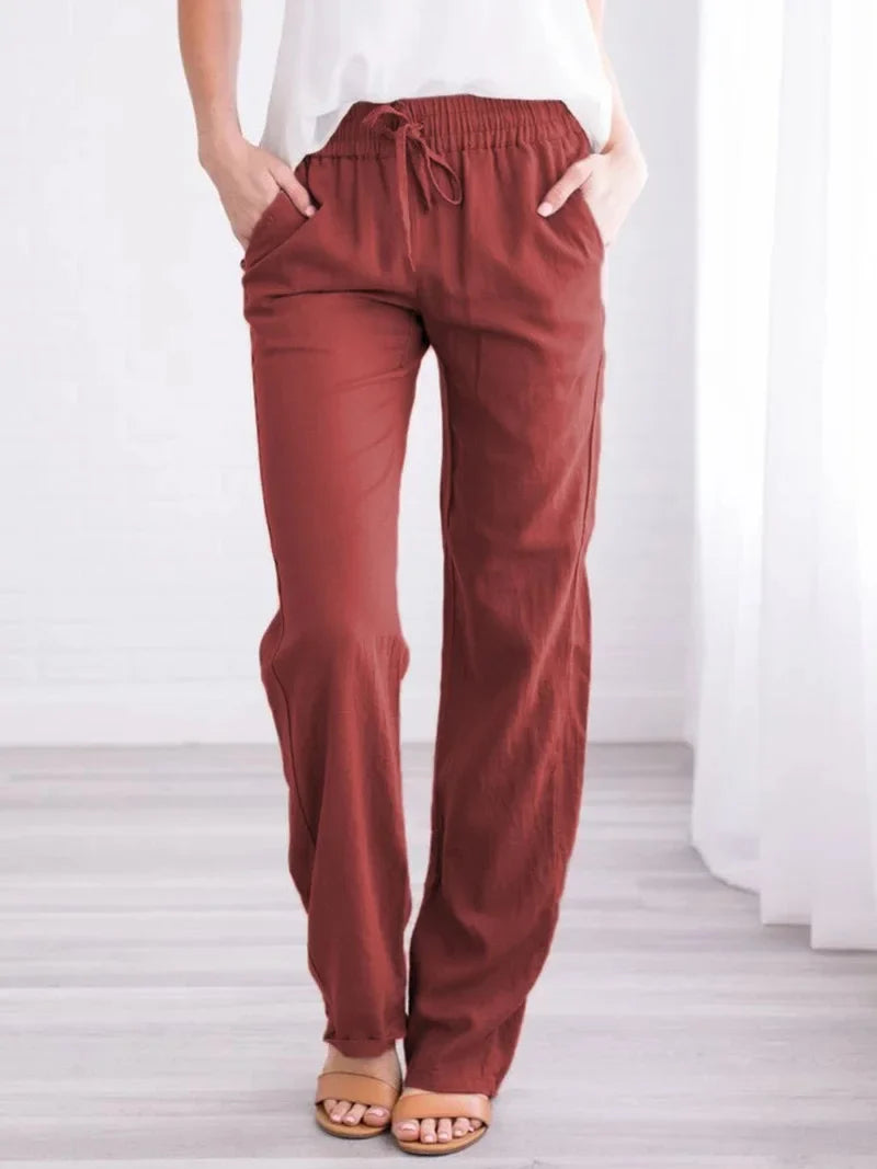 Damen Freizeithose mit weitem Bein und Kordelzug, Leinen-Look, Elastischer Bund