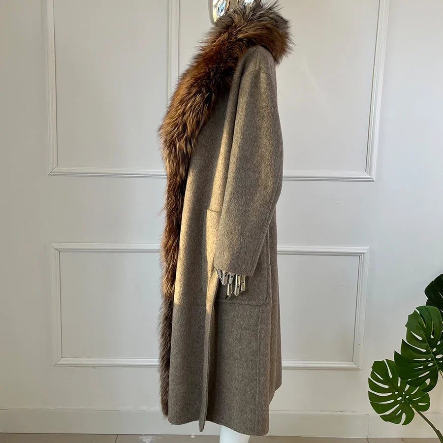 Damen Langer Mantel mit Pelzkragen Grau Beige