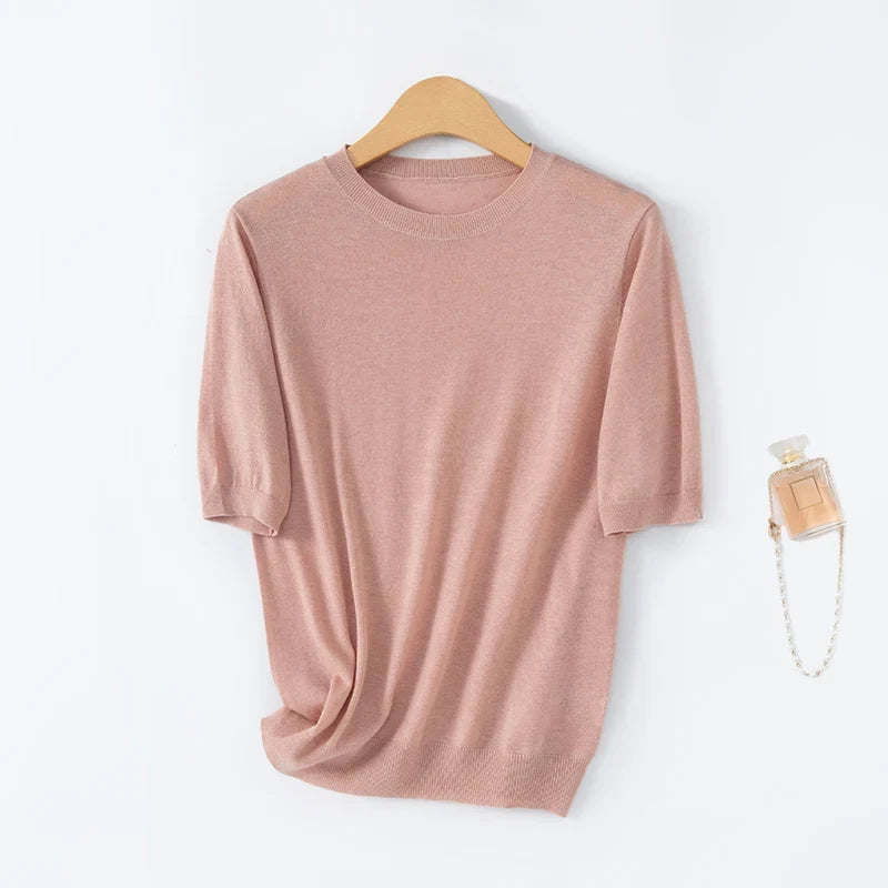 Damen Kurzarm Strickpullover Rundhals Weicher Feinstrick
