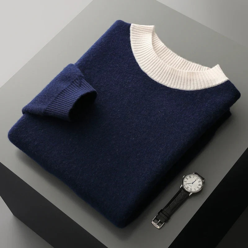 Herren Pullover Strick Rundhals Karamellbraun mit weißen Streifen