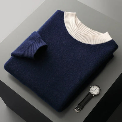 Herren Pullover Strick Rundhals Karamellbraun mit weißen Streifen