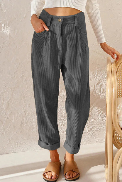 Damen Cordhose Plissee High Waist Cropped-Hose mit Falten