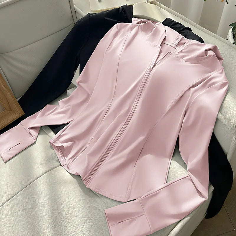 Damen Sportjacke mit Kapuze und Reißverschluss, tailliert, Daumenlöchern, langärmelig, Rosa