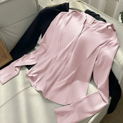 Damen Sportjacke mit Kapuze und Reißverschluss, tailliert, Daumenlöchern, langärmelig, Rosa