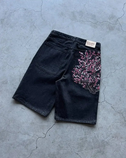 Loose Fit Jeans Damen Weite Bein Sakura-Stickerei Zerrissenes Design