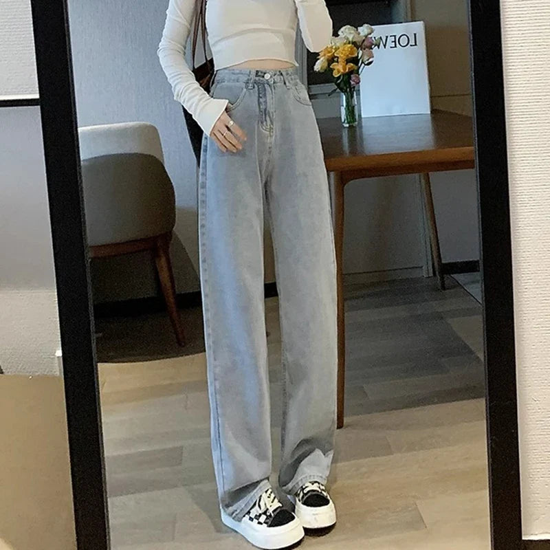 Damen Jeans High Waist Weites Bein Straight Fit