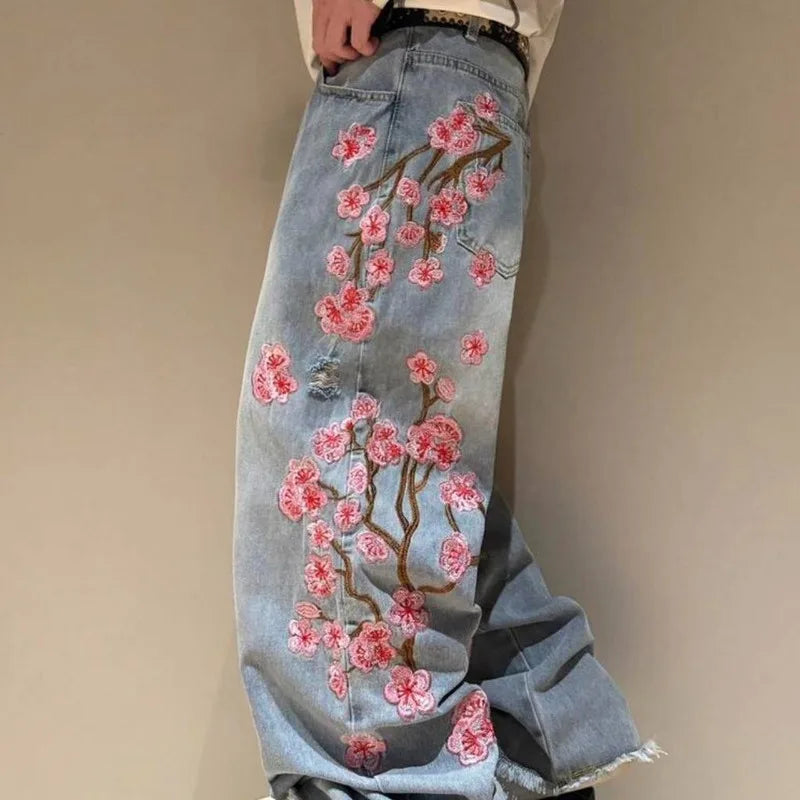 Loose Fit Jeans Damen Weite Bein Sakura-Stickerei Zerrissenes Design