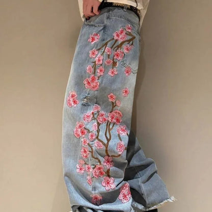Loose Fit Jeans Damen Weite Bein Sakura-Stickerei Zerrissenes Design