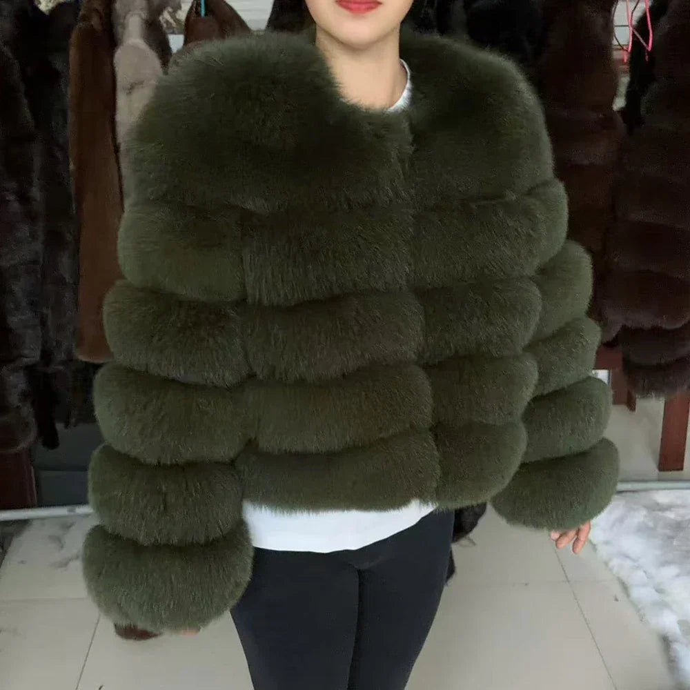 Damen Kurzjacke aus Kunstpelz, Winter Warmes Plüschjacke, Langarm Felljacke
