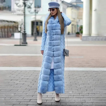 Damen Strickmantel Lang mit Kunstfellbesatz Zopfmuster Kapuze Winter