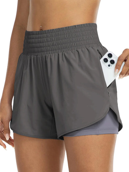 Damen Sportshorts mit hohem Bund und Tasche, 2-in-1-Design
