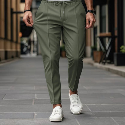 Herren Freizeithose Khaki Elastischer Bund Kordelzug Mit Bügelfalte