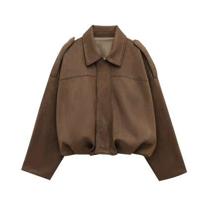 Damen Kurzjacke Oversize Cropped mit Kragen Braun