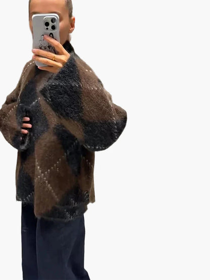 Damen Oversize Pullover im Karo-Design – Modischer Winter Strickpullover für Alltag & Freizeit