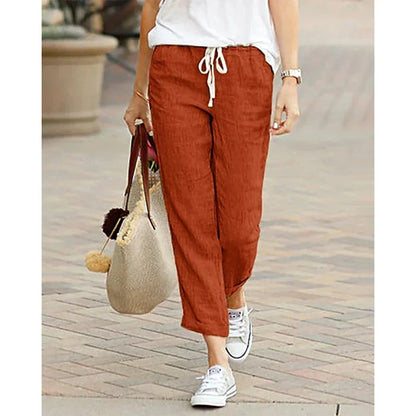 Damen Leinenhose mit Gummibund und Kordelzug, Cropped-Länge