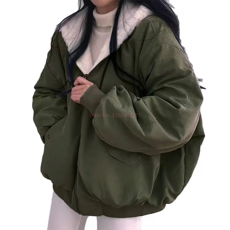 Damen Bomberjacke Wendejacke mit Kapuze Teddyfutter