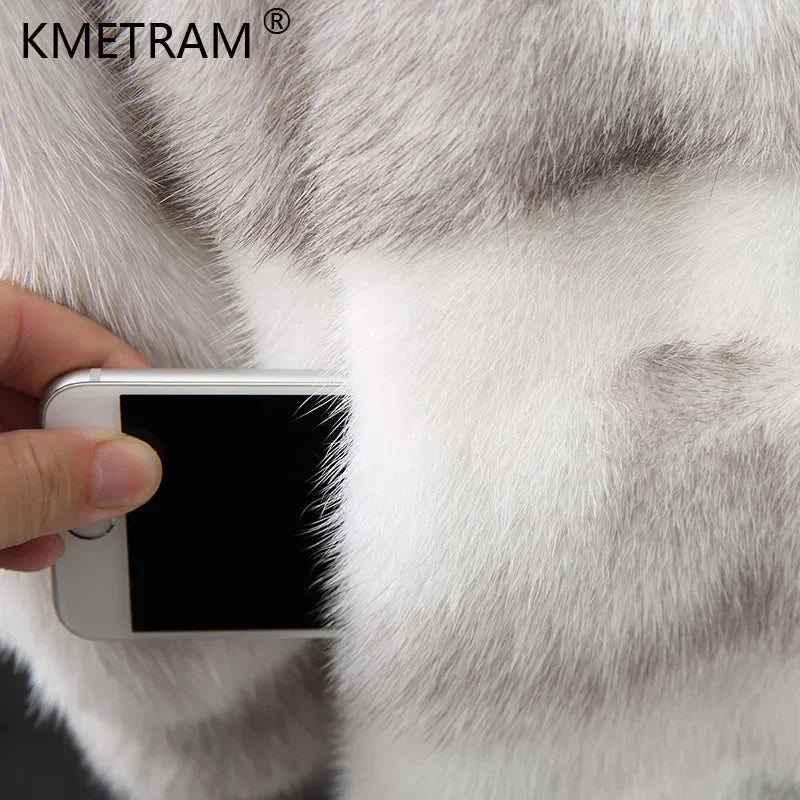 Damen Winterjacke Kunstpelz mit Kapuze Weiß Grau Gestreift