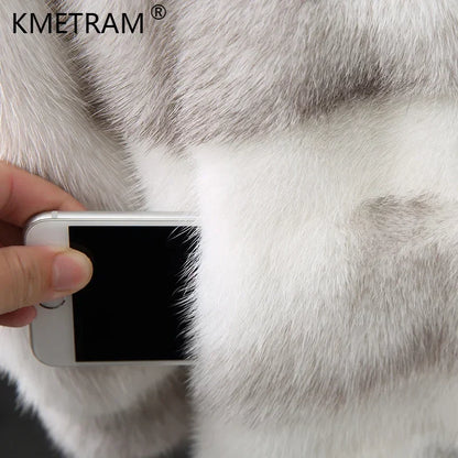 Damen Winterjacke Kunstpelz mit Kapuze Weiß Grau Gestreift
