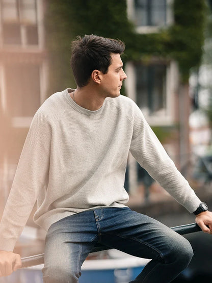Gerippter Pullover für Herren, Rundhals, Langarm, Blau