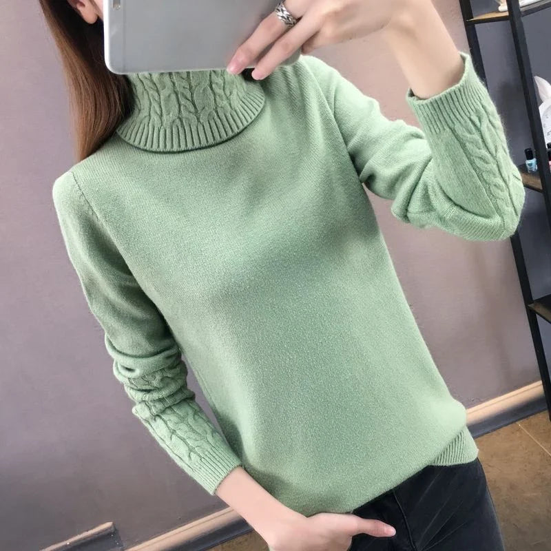 Damen Rollkragenpullover mit Zopfmuster Ärmeln und Hals - warmer Strickpullover