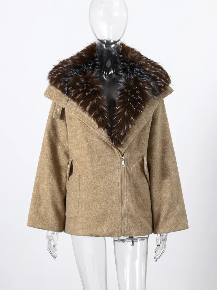 Damen Kurzjacke mit großem Fellkragen Reißverschluss Winter