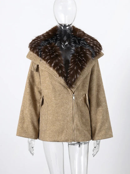 Damen Kurzjacke mit großem Fellkragen Reißverschluss Winter