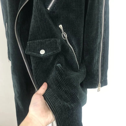 Kord Mantel Unisex Lang Biker Stil mit Reißverschlüssen Dunkelgrün