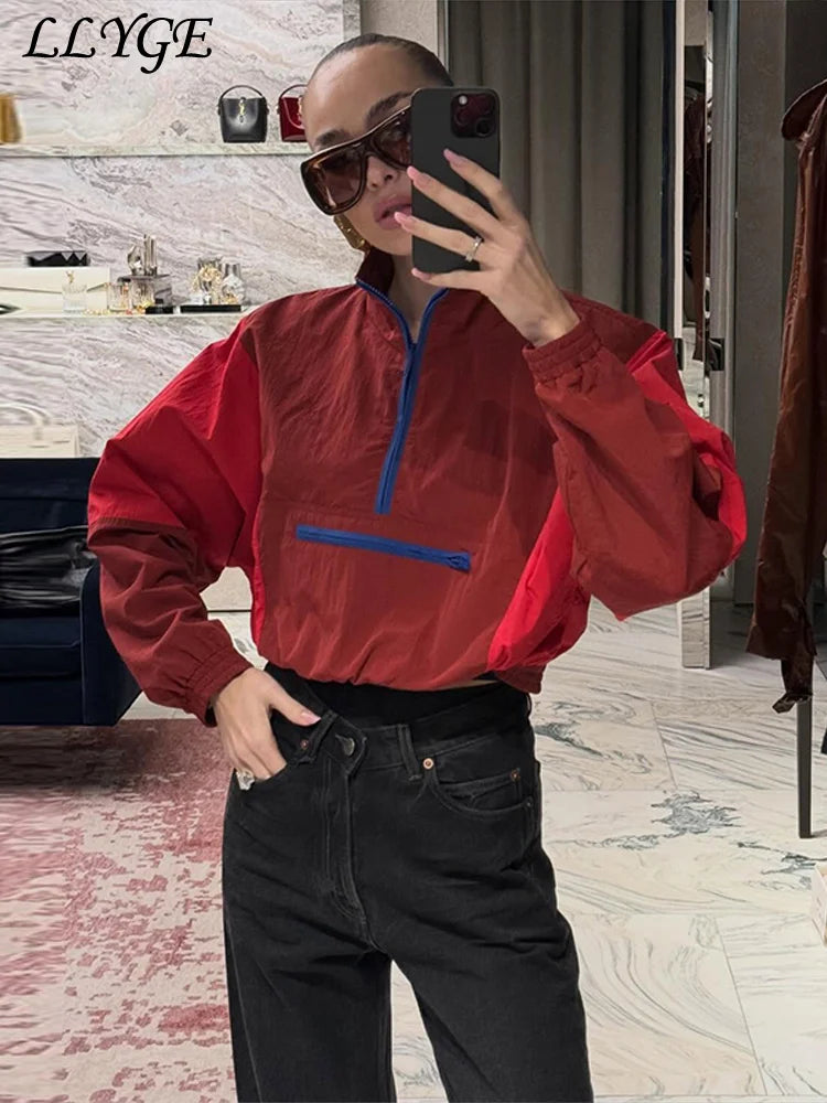 Damen Kurz Windbreaker Jacke Sportlich Halb-Reißverschluss Color Block
