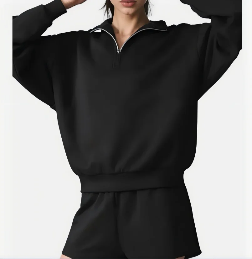 Damen Sweatshirt mit Stehkragen und Reißverschluss & Shorts Set Grau