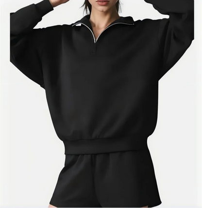 Damen Sweatshirt mit Stehkragen und Reißverschluss & Shorts Set Grau