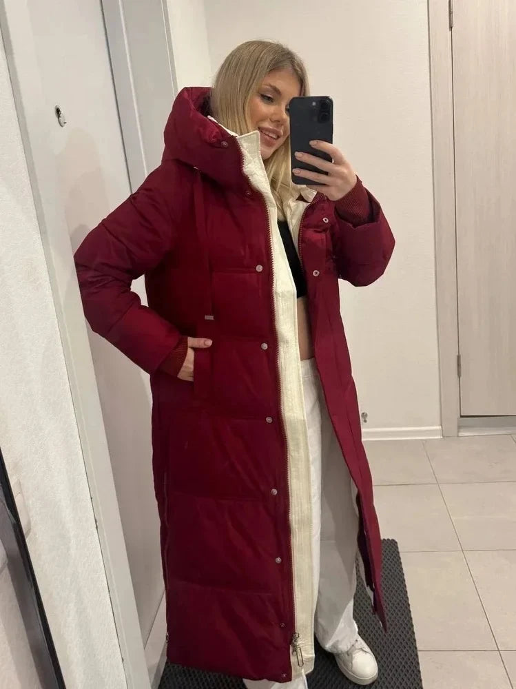 Damen Long Puffer Mantel mit Kapuze und Reißverschluss Rot