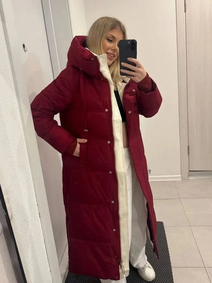 Damen Long Puffer Mantel mit Kapuze und Reißverschluss Rot