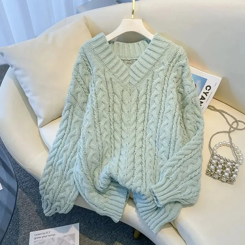 Damen Grobstrick Pullover mit Zopfmuster und V-Ausschnitt – Winter Must-Have, Lässiger Stil, Ideal für Alltag und Layering