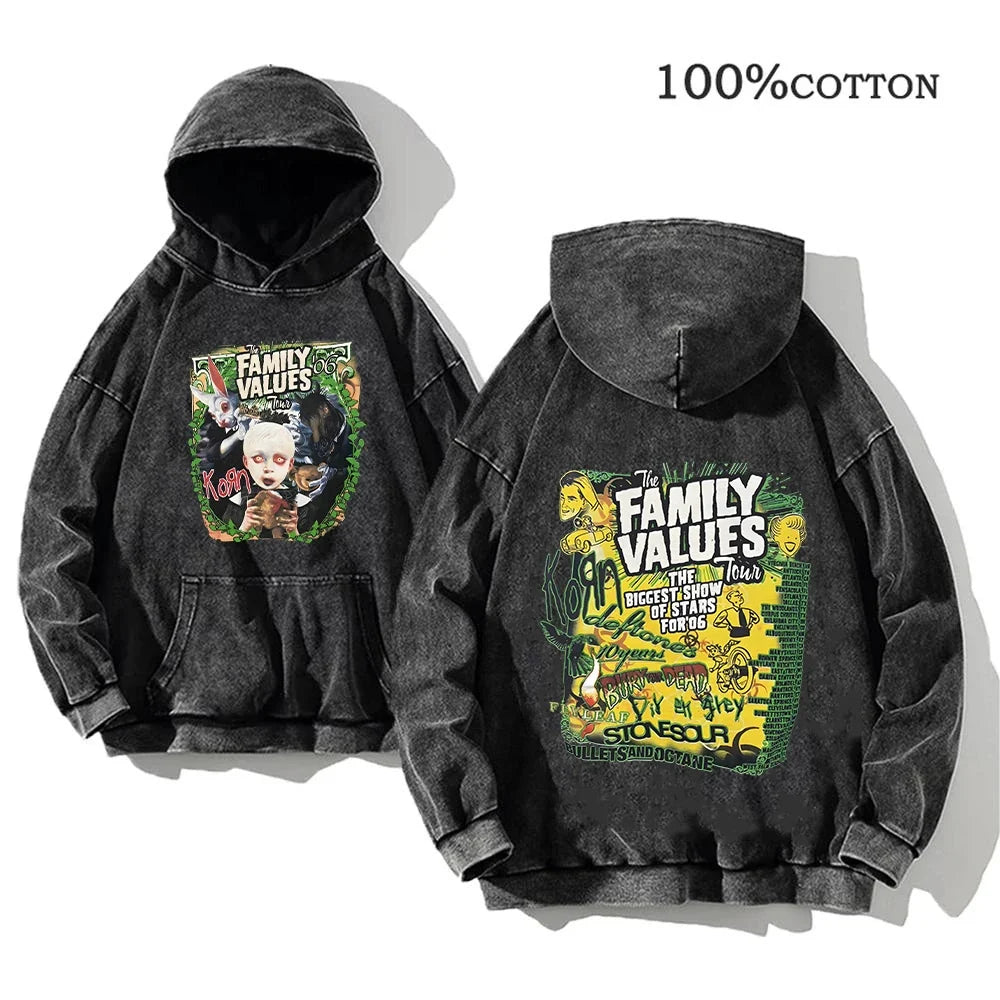 Unisex Kapuzenpullover Grau verwaschen mit Band-Print Vorn & Hinten